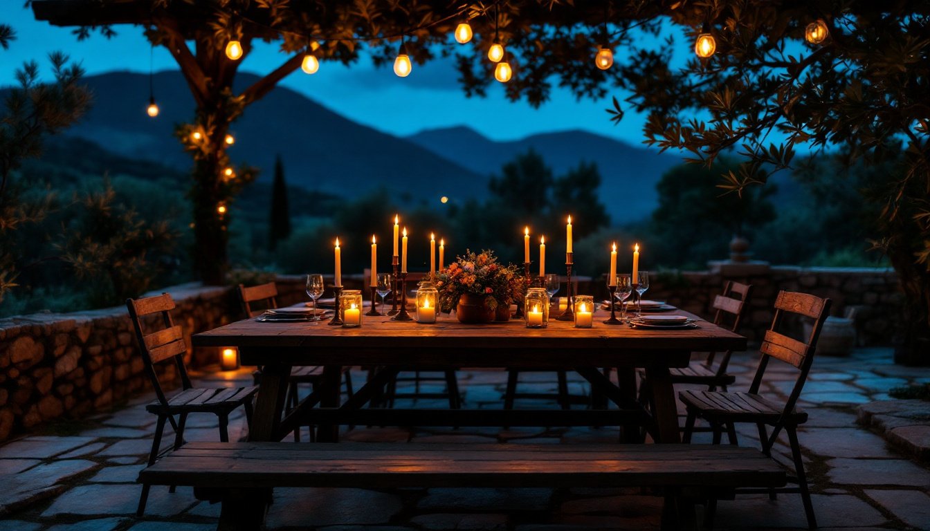 A long wooden table set for eight on a stone terrace at dusk, candles lit and string lights overhead.