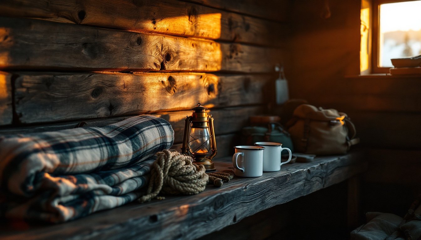 Travel gear on a wooden shelf in a mountain hut at golden hour: a wool blanket, enamel mugs, a brass lantern, and a coil of rope.