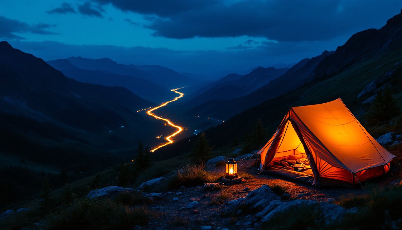 A canvas tent glowing at dusk on a mountain ridge, a winding road of lights in the valley below.