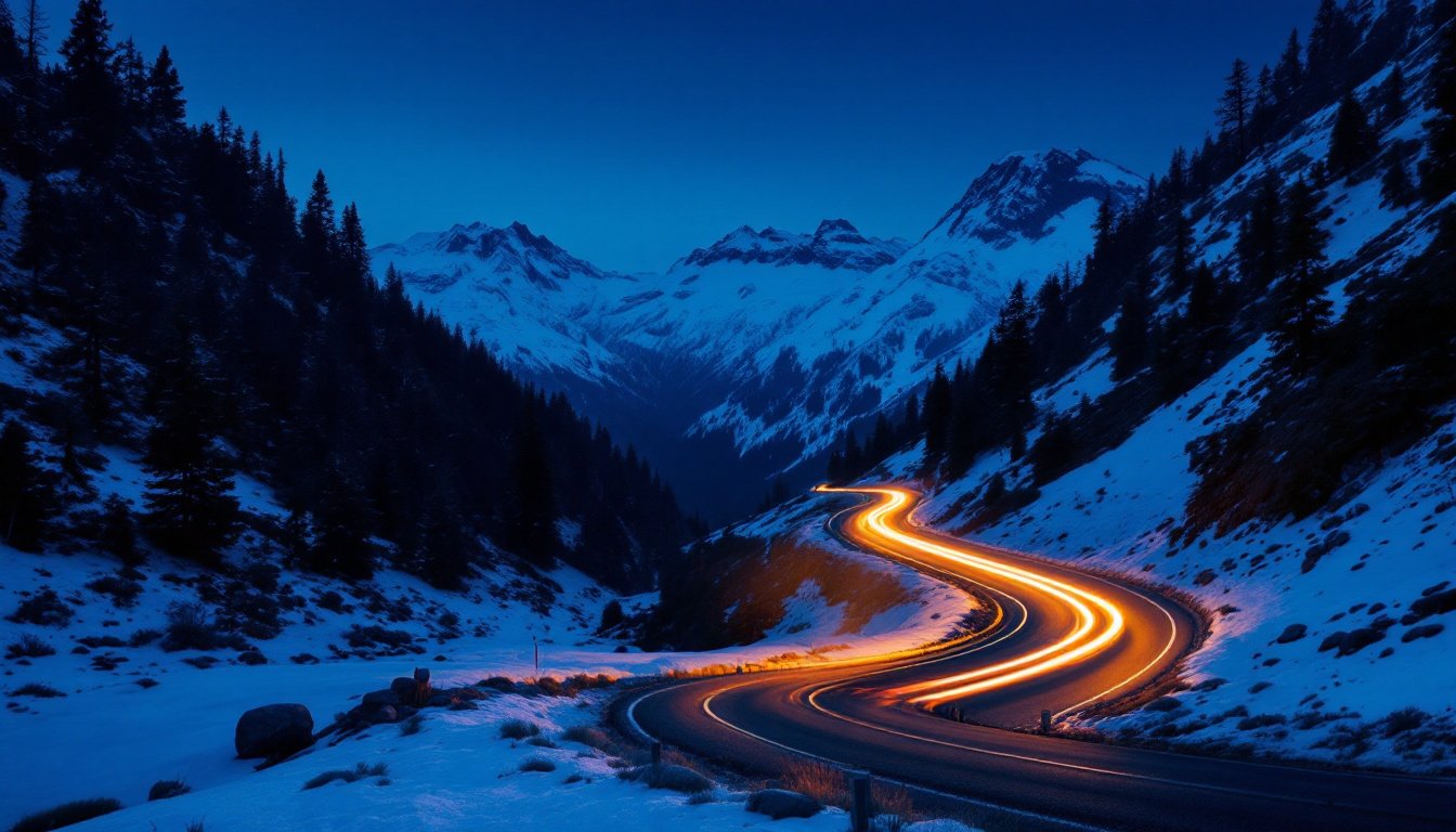 A mountain road at blue hour, a car's light trail tracing every switchback up a snowy valley.