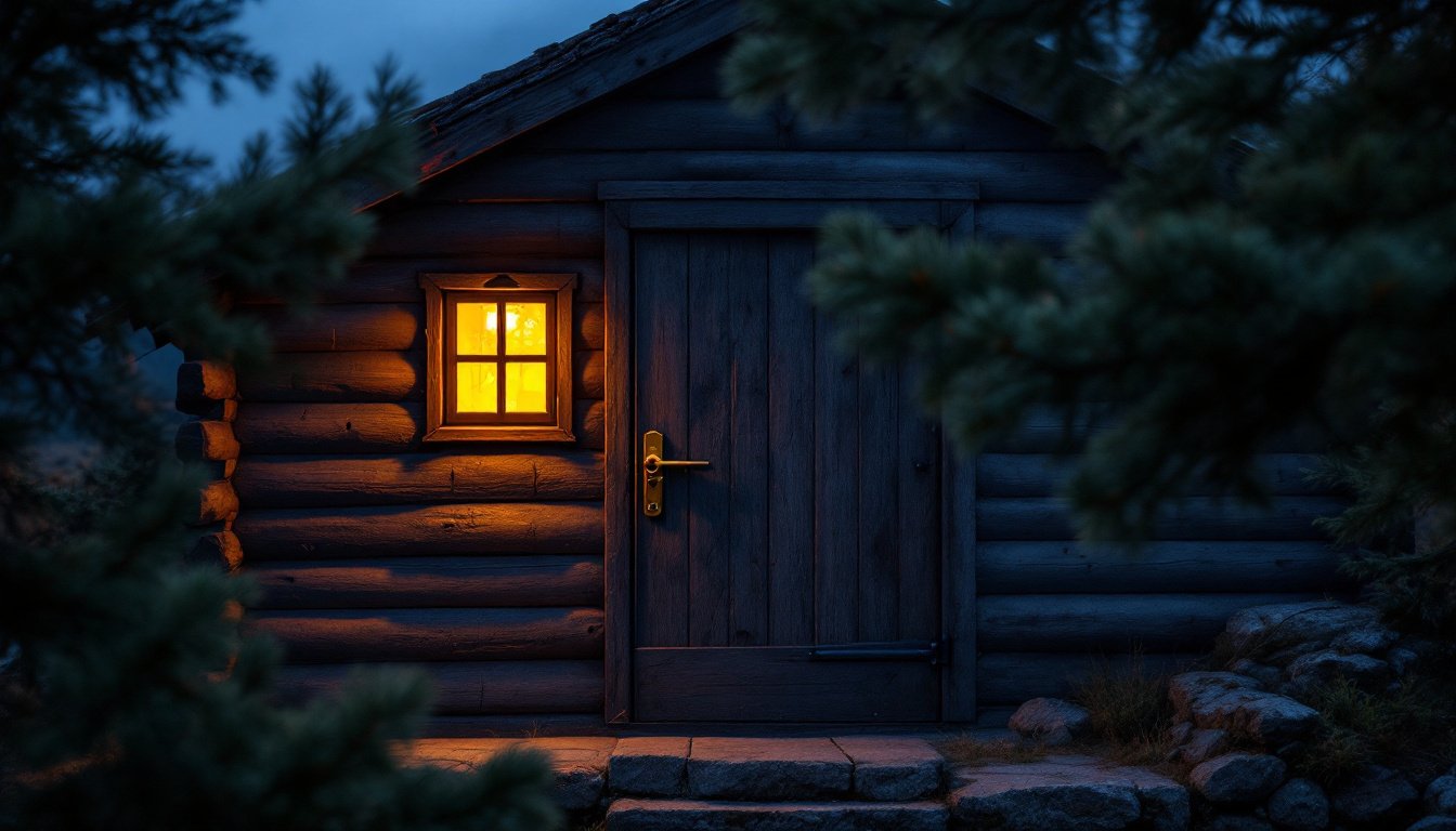 A timber cabin at dusk, its door closed and one warm window lit.