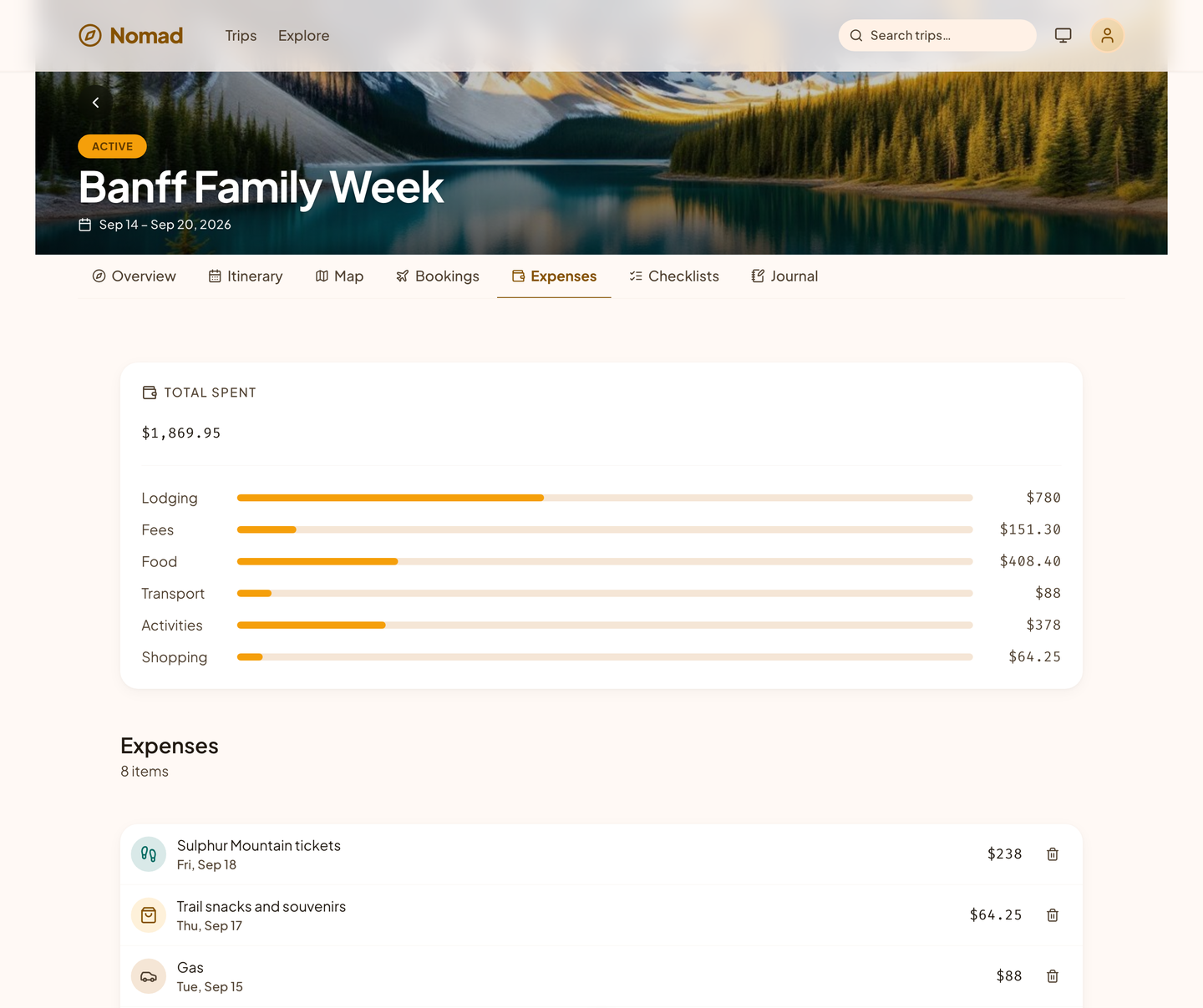 Nomad expenses for a Banff trip: total spent, a bar for each category, and the list of costs.