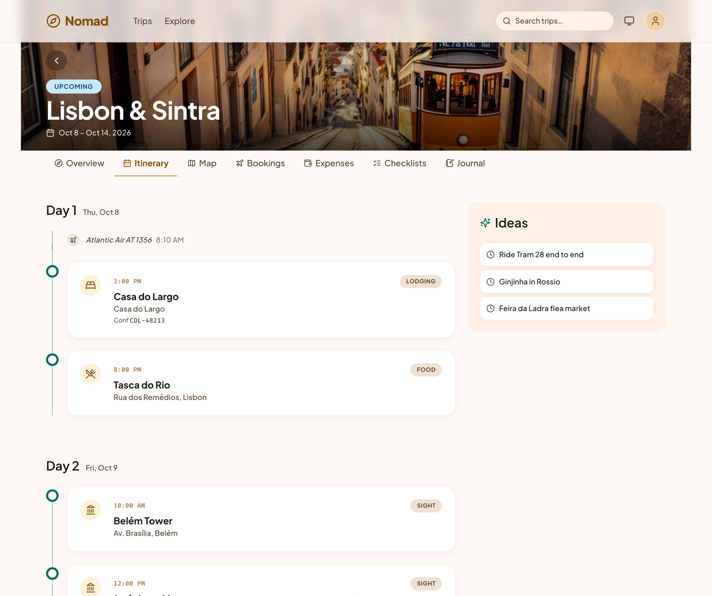 A Nomad itinerary for Lisbon: day one with a flight, a hotel check-in, and dinner, and a list of ideas beside it.