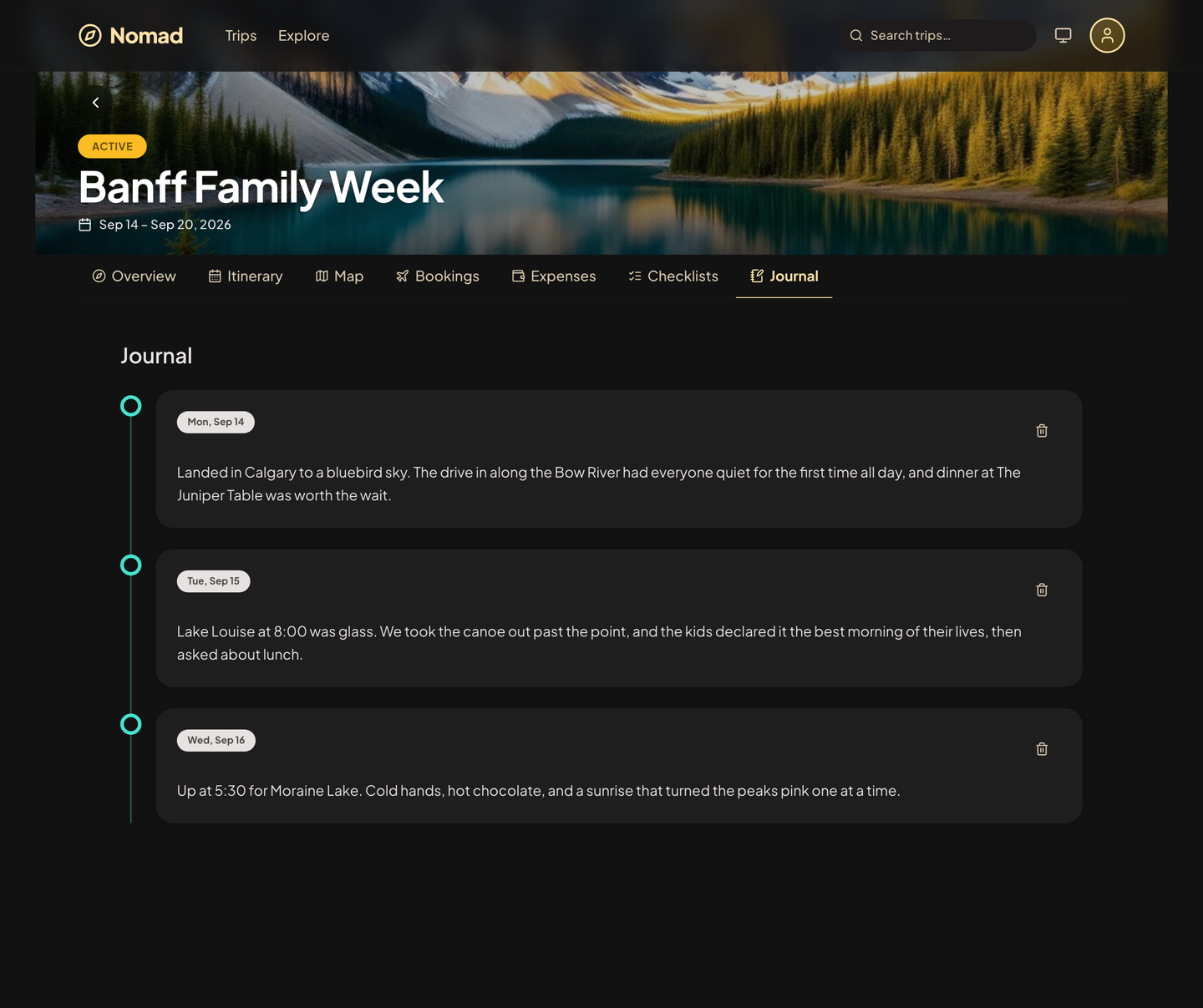A Nomad trip journal for Banff: three dated entries on a timeline.