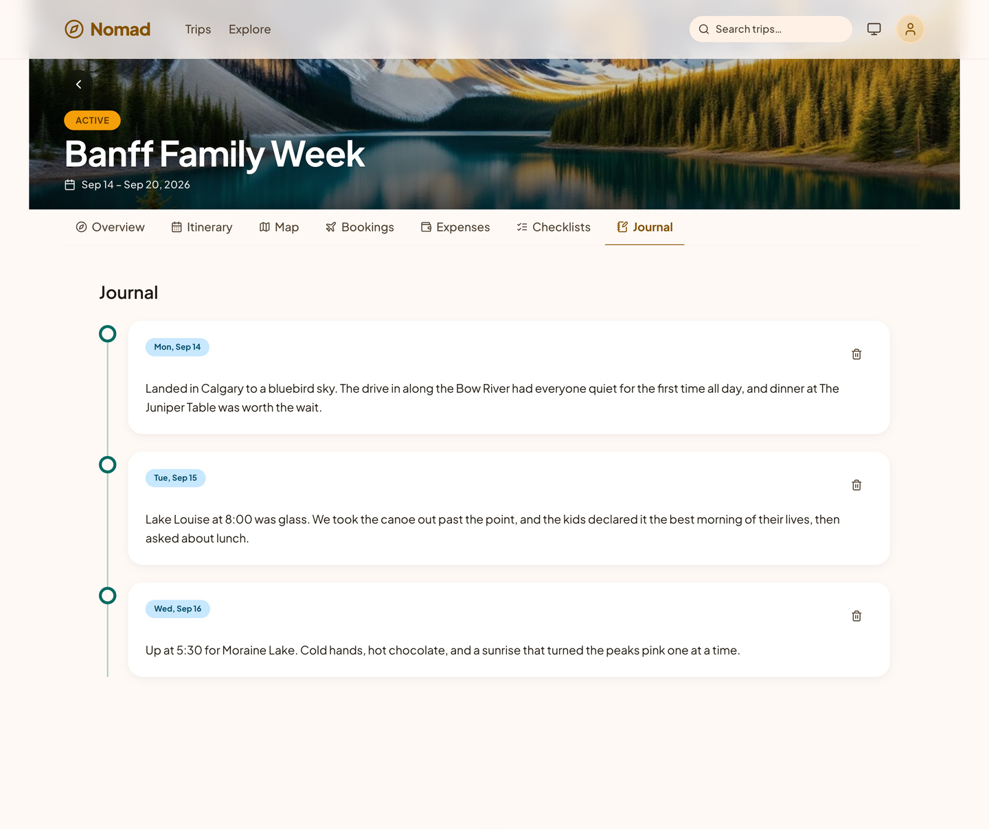 A Nomad trip journal for Banff: three dated entries on a timeline.