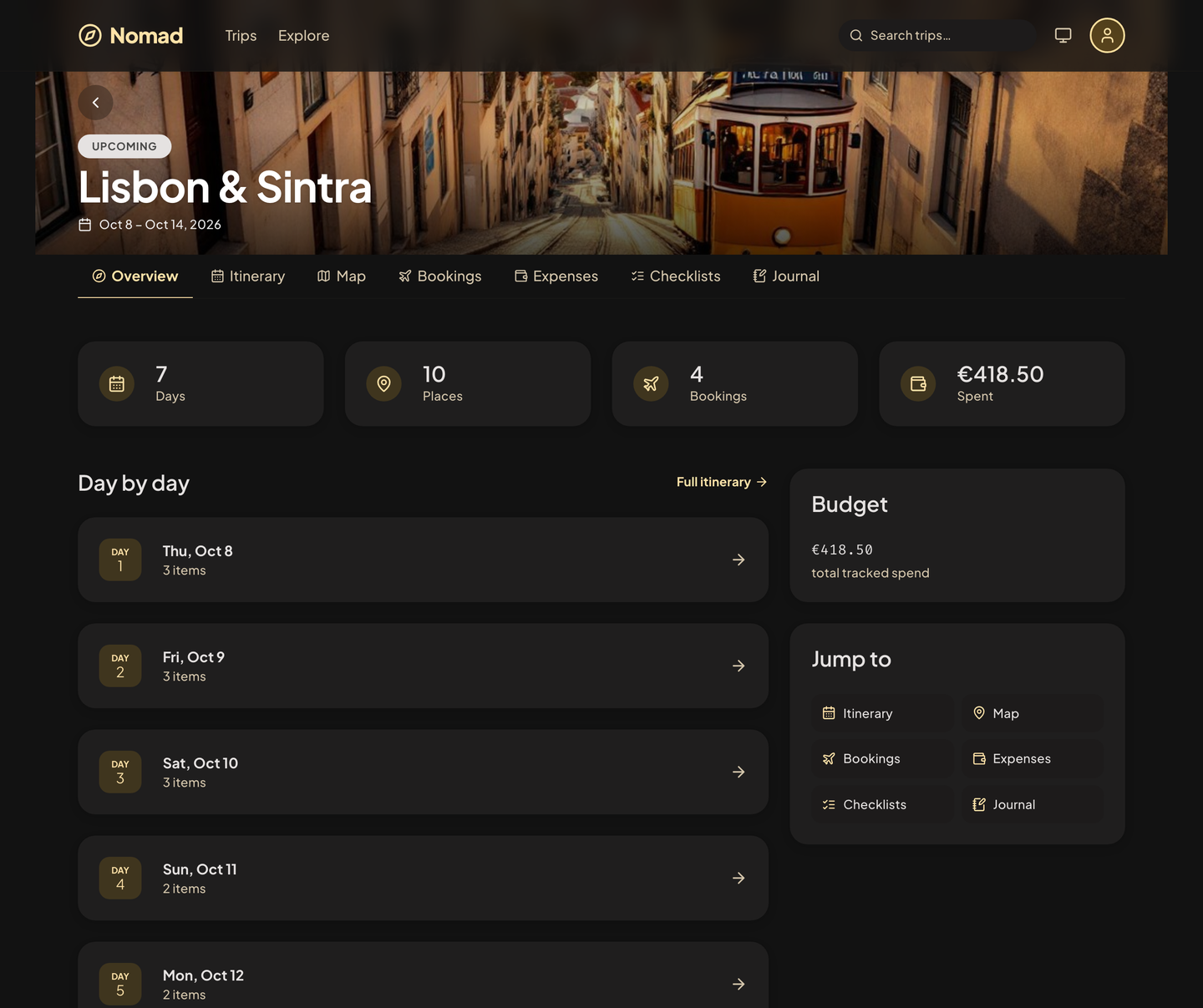 The Nomad overview for a Lisbon trip: days, places, bookings, money spent, and the plan for each day.
