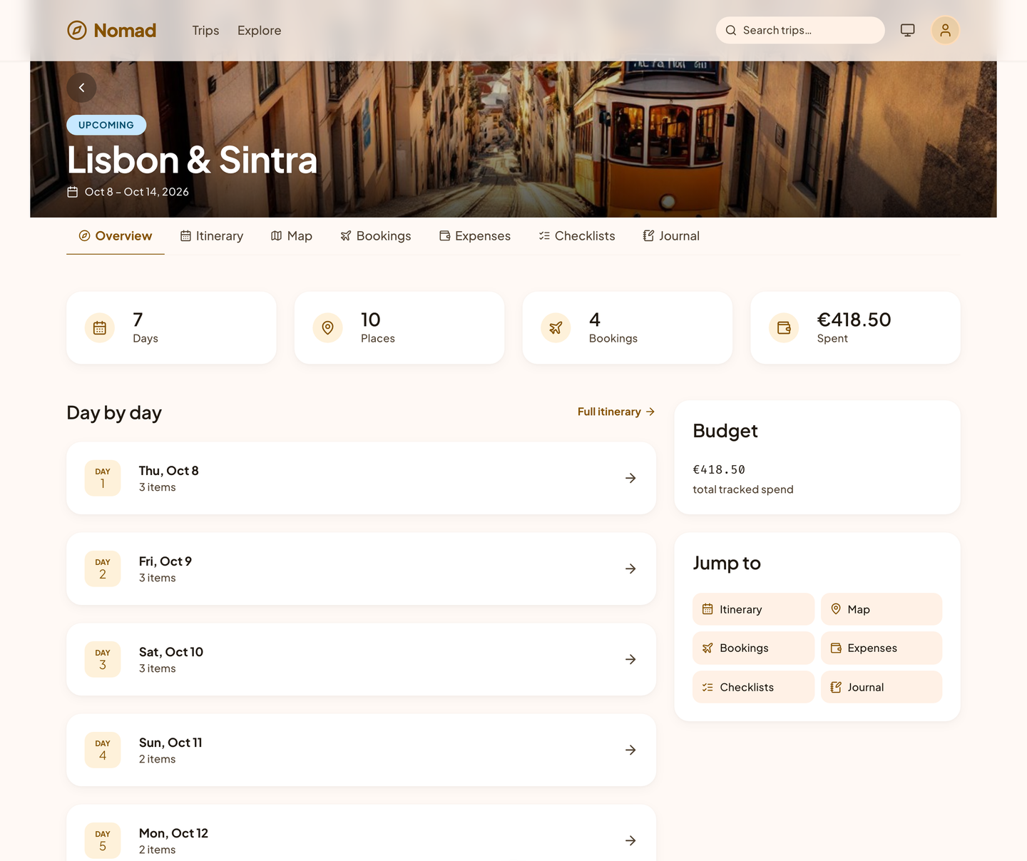 The Nomad overview for a Lisbon trip: days, places, bookings, money spent, and the plan for each day.