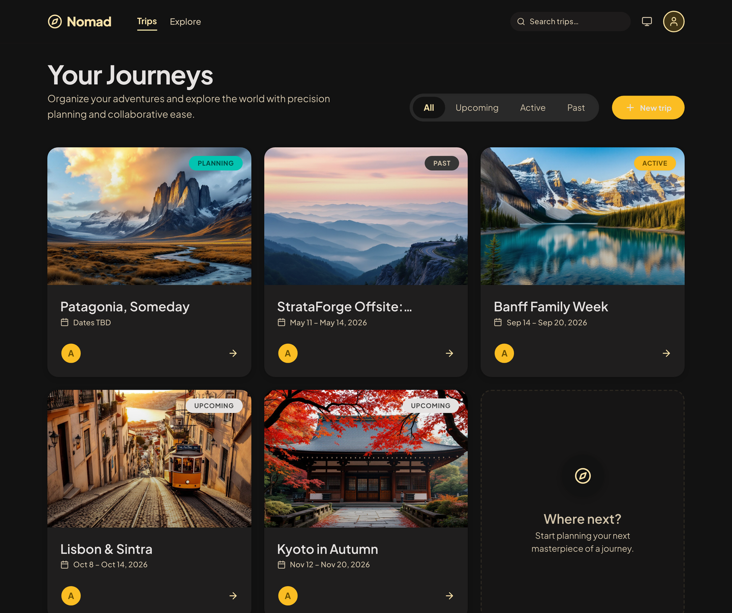 The Nomad trips page: five trips with cover photos, marked planning, upcoming, active, and past.