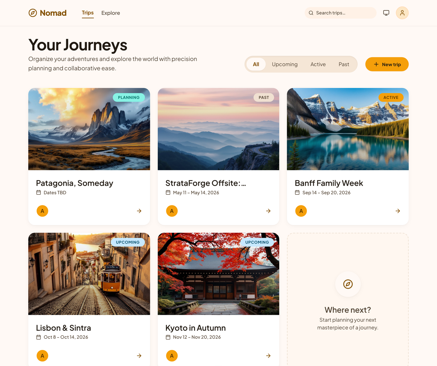 The Nomad trips page: five trips with cover photos, marked planning, upcoming, active, and past.