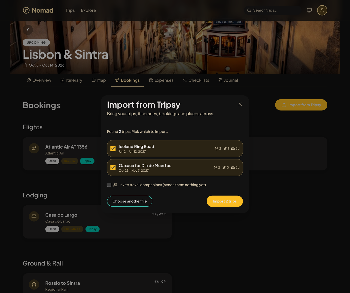 The Nomad import dialog, showing two trips found in a Tripsy export, both selected for import.